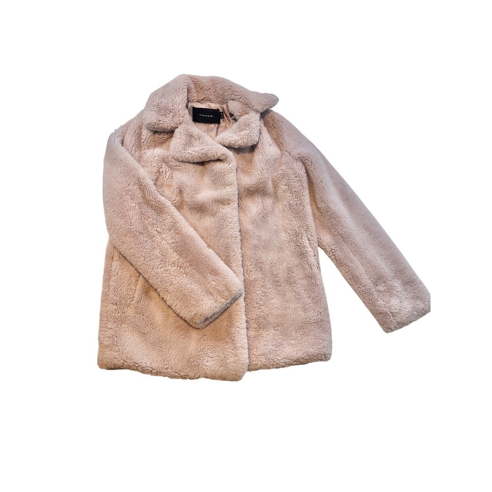 Tahari Faux Fur Coat Blush Pink Notched Lapel Snap Front Oversized Plush Jacket